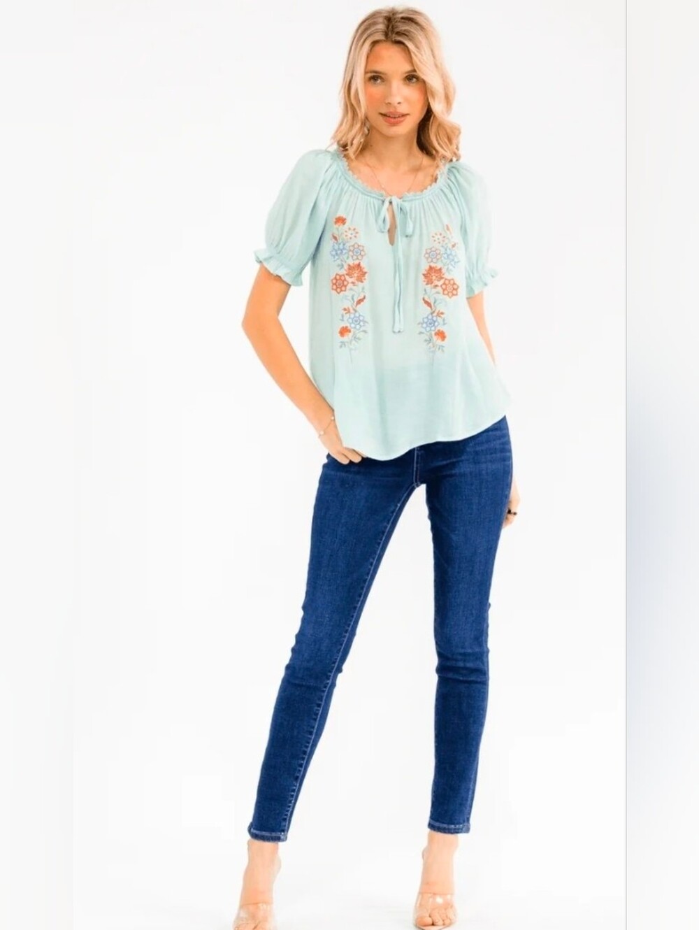 Embroidered Tie-Neck Peasant Top - Mint